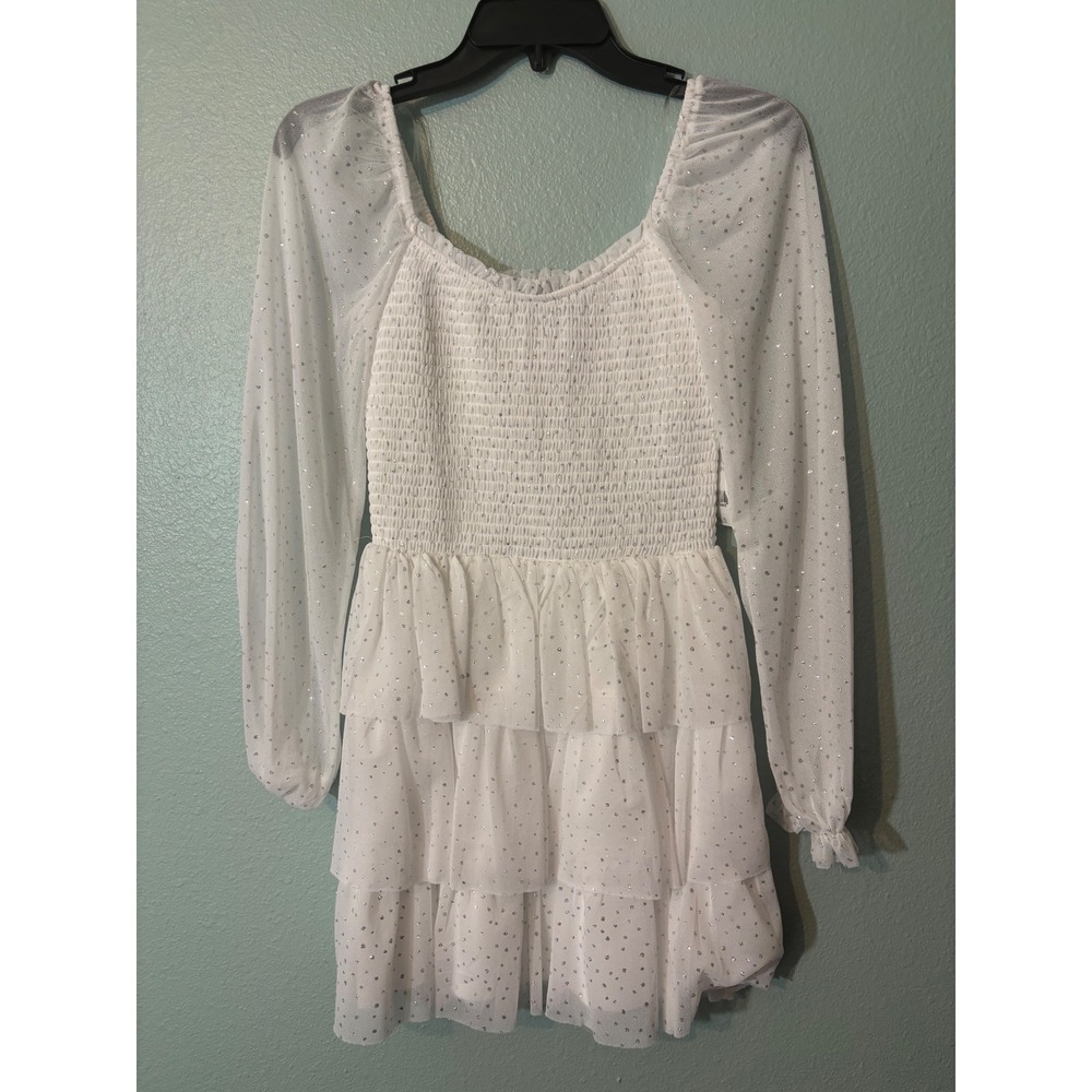 Midnight Doll White Silver Glitter Smocked Tiered Ruffle Mini Dress‎ Small